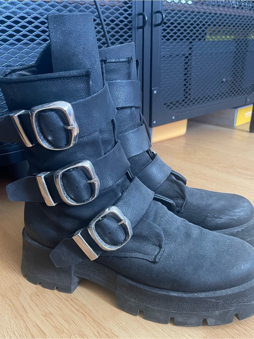 Steve Madden Black Triple-Buckle Combat Boots